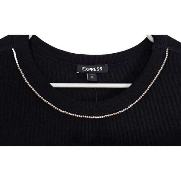 Express Women's XL Black Long Sleeve Rib Knit Sweater Dress Rhinestone Trim NEW - Picture 2 of 7